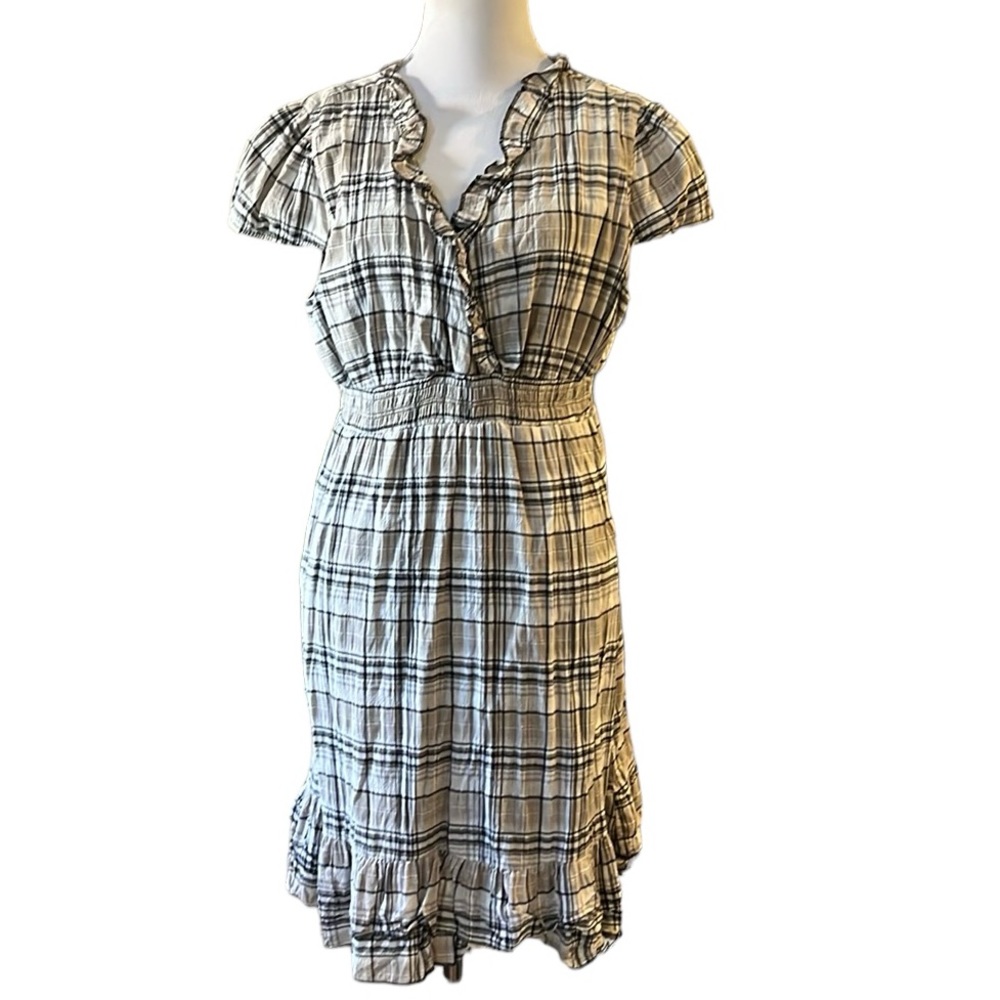 SAM & MAX SURPLICE RUFFLED PLAID PRAIRIE DRESS BLACK TAN GRAY SIZE XL